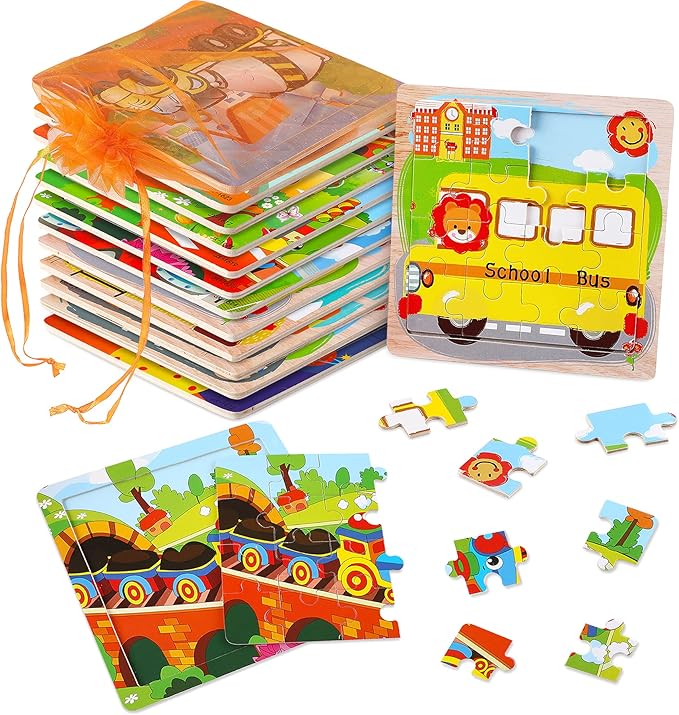 SANNIX 12 Pack Wooden Jigsaw Puzzles for Toddlers 3 4 5 Years Old, Party Favors Transportation Jigsaw for Kids, Educational Puzzles Travel Toy with 12 Organize Bags