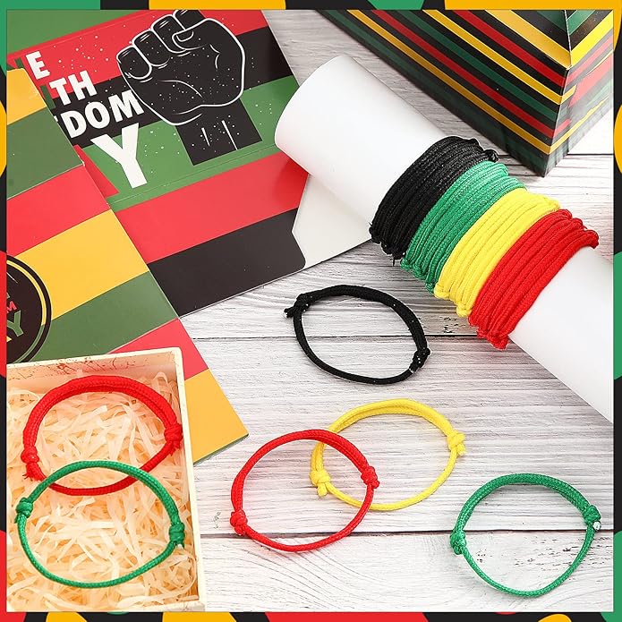 Kigeli 400 Pieces Black History Month Friendship Bracelets Bulk Neon Rope Bracelets in 4 Assorted Colors Adjustable Green Red Gold Bracelets Rope Woven Bracelets for Black History Month Party Decor