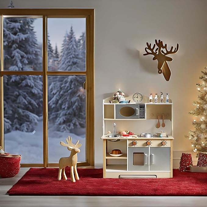 Kids Play Kitchen, Wooden Kitchen Playset for Kids with 12 Pcs Toy Food & Cookware Accessories, Toys Kitchen Small Pretend Play Kitchen for Toddlers