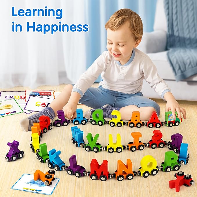 27 PCS Magnetic Wooden Alphabet Train Set, ABC Learning Toy with 42 Flash Cards, 1 Engine and Storage Bag, Educational Letter Toy Trains for Toddlers, Boys Girls, Ideal Gift for 3-7 Year Olds