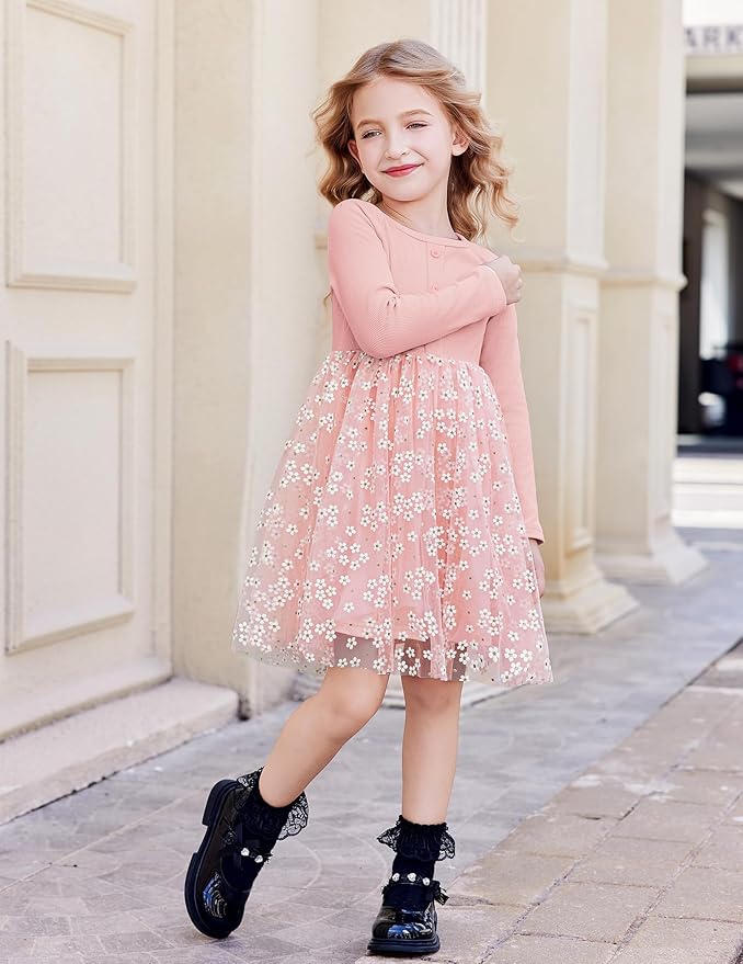 Arshiner Toddler Girls Tutu Dress Long Sleeve Fall Winter Button Front Party Tulle Dresses 2-8Y