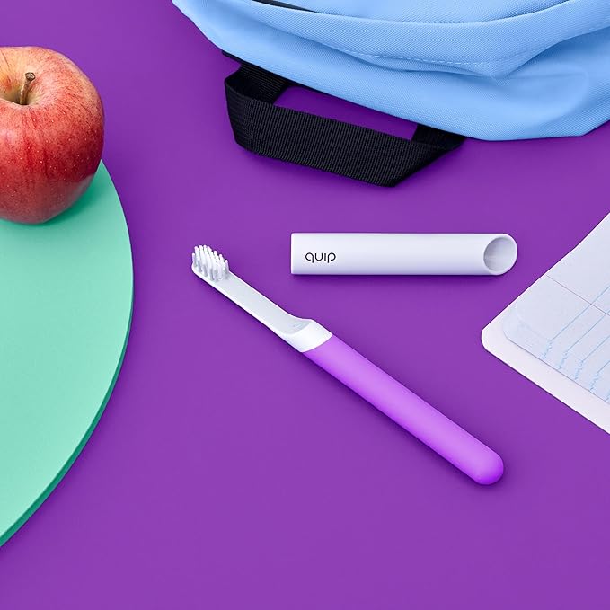 Quip Sonic Toothbrush for Kids with Timer - Includes Extra Brush Head and Travel Cover Mount - Electric, Soft Bristle Refill Head, Rubber Handle, 3 Month Battery Life - Travel Toothbrush - Purple