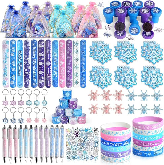 146PCS Frozen Party Favors, Snowflake Birthday Party Favors with Notebooks Pens Stampers Stickers, School Stationery Set Birthday Supplies, Goodie Bag Stuffers Classroom Gift Reward Prize for Kids
