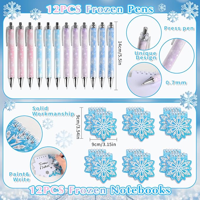 146PCS Frozen Party Favors, Snowflake Birthday Party Favors with Notebooks Pens Stampers Stickers, School Stationery Set Birthday Supplies, Goodie Bag Stuffers Classroom Gift Reward Prize for Kids