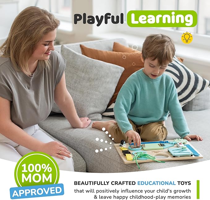 Montessori Busy Board for Toddlers, Wooden Sensory Toddler Busy Board with 10 Preschool Learning Activities for Fine Motor Skills, Activity Kids Travel Toy for Boys & Girls, Packaging May Vary