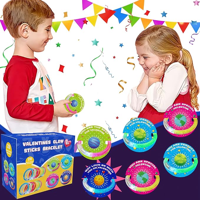 28 Pack Valentines Day Gifts for Kids,Valentine Glow Sticks Bracelet with Valentine's Day Gift Cards for Valentine Light Up Toy Valentines Day Gifts for kids School Classroom Party Favors Supplies