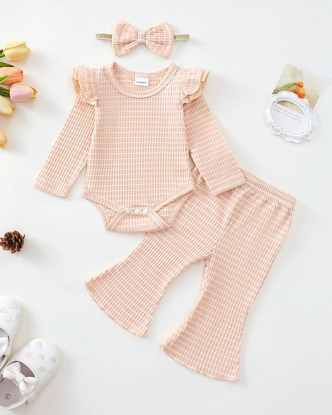 SUNNY PIGGY Newborn Baby Girl Clothes Infant Girls Outfits Ruffle Long Sleeve Romper Pants Set with Headband
