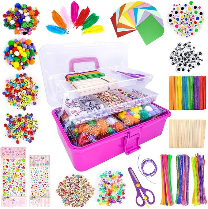 1405 Pcs Art and Craft Supplies for Kids, Toddler DIY Craft Art Supply Set Included Pipe Cleaners, Pom Poms, Feather, Folding Storage Box - All in One for Craft DIY Art Supplies, Rose Red