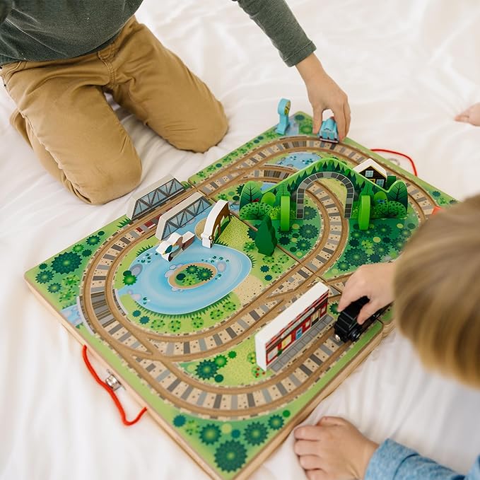 Melissa & Doug 17-Piece Wooden Take-Along Tabletop Railroad, 3 Trains, Truck, Play Pieces, Bridge - FSC Certified