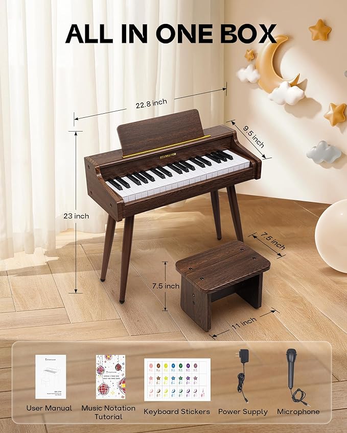 Starfavor Kids Keyboard, 37 Keys Digital Piano with Volume Control, Rechargeable Music Educational Instrument Toy, Wood Piano for 3+ Girls, Boys, Beginner, Toddler