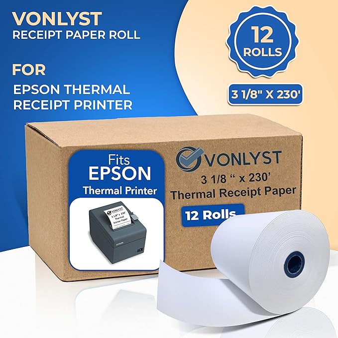 3 1/8 x 230 Thermal Paper Receipt Roll for Epson Printer (Pack 12 rolls)