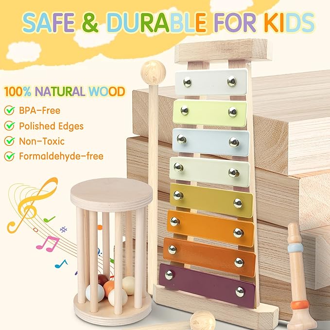 Baby Musical Instruments, Montessori Wooden Toys for Toddlers, Premium Wooden Musical Instrument Set for Kids Preschool Educational, Fun Musical Instruments for Children