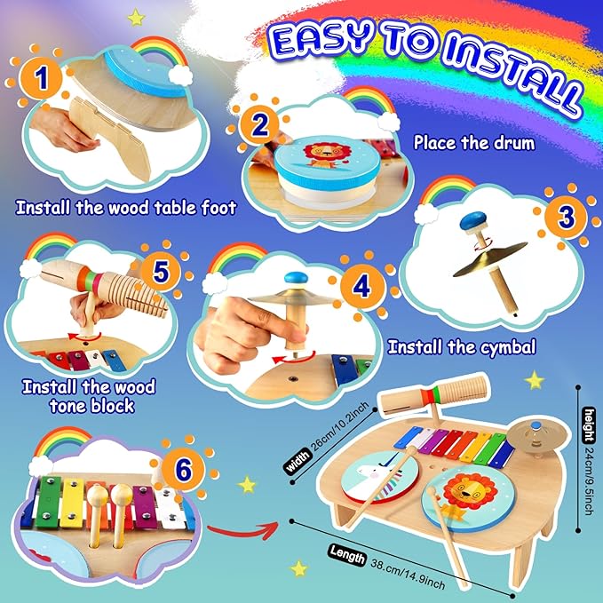 Kids Drum Set, Baby Musical Instruments Toys for Toddlers, 7 in 1 Wooden Xylophone Toddler Drum Set Percussion Instruments Musical Toys Birthday Gifts for Children Boys and Girls