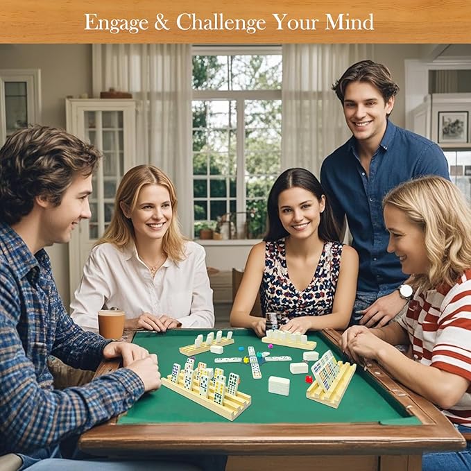 2-6 Players Mexican Train Dominoes Set with 6 Wooden Racks, 91 Tiles, Portable Case, Double 12 Dominos Set for Adults, Family Board Games for Adults, Valentines Day Gifts for Him Her Men Women Mom Dad