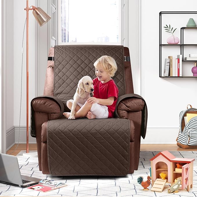 KinCam 100% Waterproof Recliner Chair Cover, Reclining Couch Covers for Pets, Dogs, Recliner Couch Slipcover Furniture Protector with Elastic Straps for Kids(23.6", Brown)