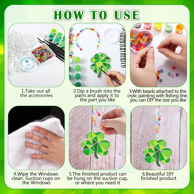 36 Sets St. Patrick's Day Shamrock Suncatchers Ornaments Decorations DIY Window Paint Suncatchers Craft Kits Lucky Shamrock Sun Catcher Gifts for Home Party Supplies Arts and Crafts Project