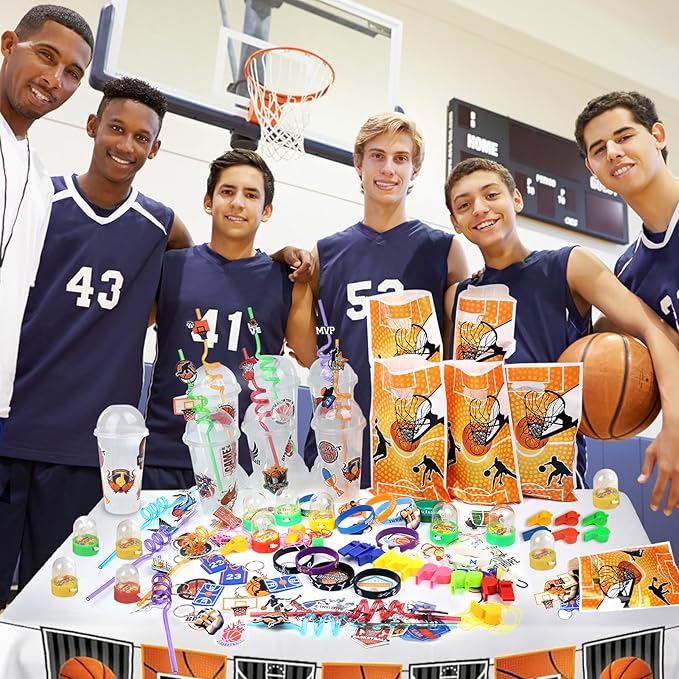 166PCS Basketball Party Favors with Cups Straw Tattoos Sticker Keychain Bracelet Whistle Basketball Toys & Goodie Bags for Birthday Party Supplies, Classroom Treasure Prizes, Basketball Team Gifts
