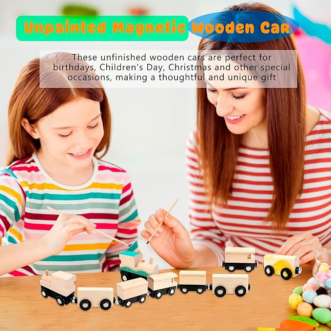 12 Pcs Wooden Trains Toys Unpainted Wood Train Cars Weak Magnetic Suction Paintable Wooden Railway for Kids Educational Toys Birthday Christmas Party Gifts (Style Set 3)