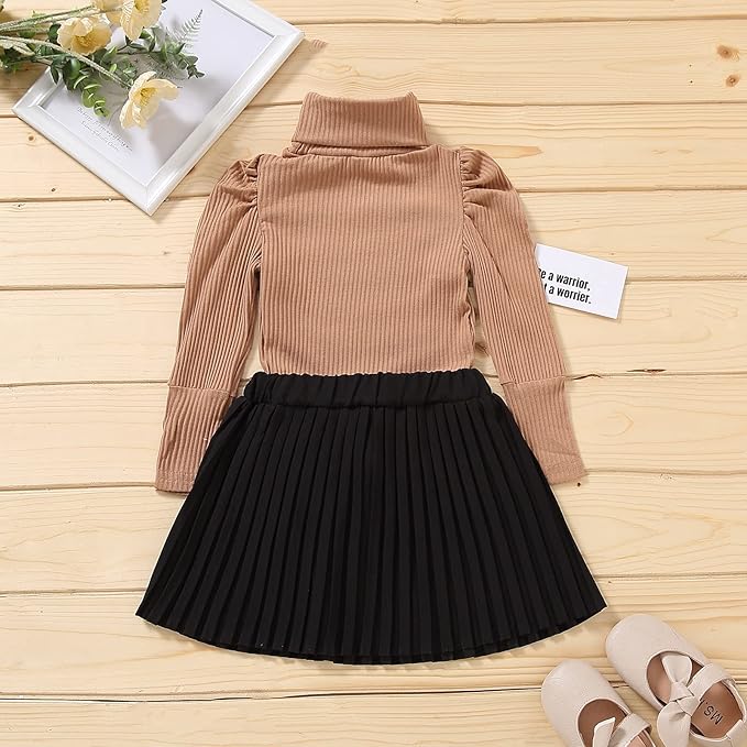 Fernvia Toddler Baby Girl Fall Winter Skirt Set Turtleneck Ribbed Long Sleeve T-Shirt Top & Plaid Skirts Dress 2Pcs Outfits