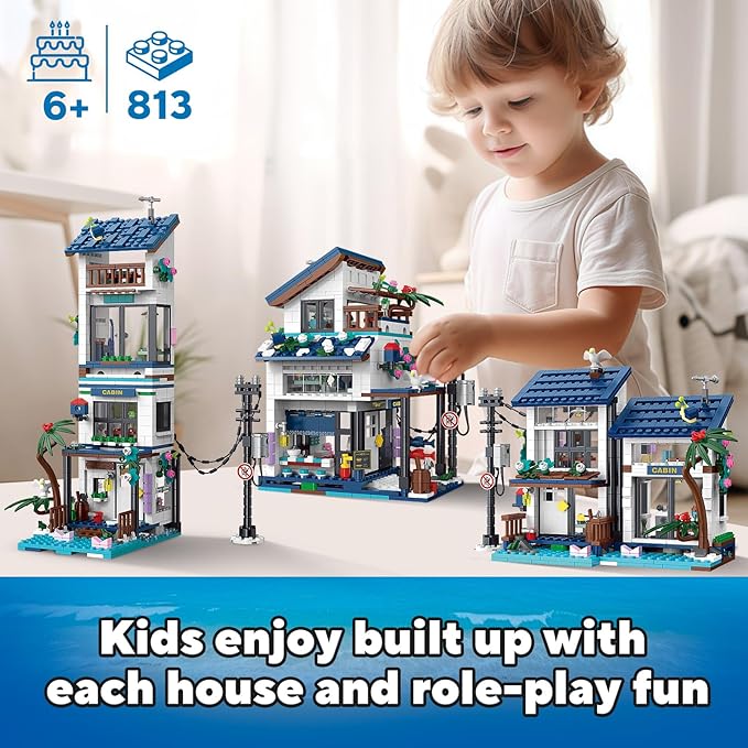3 in 1 City House Building Sets,Compatible with Lego Creative Modern House with Light,Seaside Beach Villa Japanese Style Cottage Friends Vacation Hut Building Blocks Toys for Kids Ages 6+