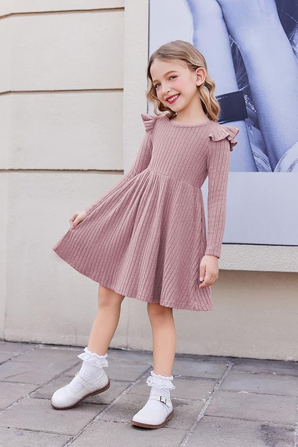 Arshiner Toddler Girl Dress Baby Girls Knitted Ruffle Sleeve Pocket Dresses A-Line Flared Fall Winter Clothes for 2-8 Years