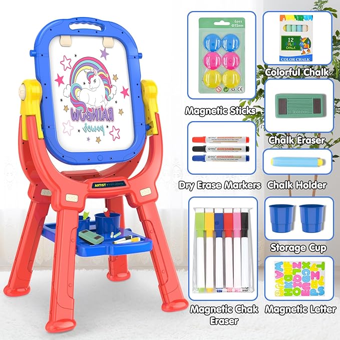Victostar Easel for Kids, Rotatable Double Sided Adjustable Standing Art Easel with Drawing & Writing Accessories for Kids Boys and Girls (Red Blue)