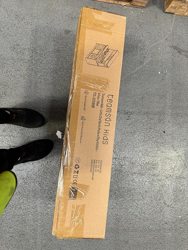 Teamson Kids Little Chef Berlin Kids Play Kitchen with 6 Kitchen Accessories, Wooden Play Kitchen Set for Toddlers with Subway Tile Backsplash, Gold Hardware, & Storage Shelves, Blue/White