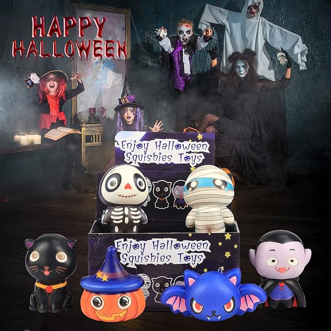 6 Packs-Halloween Squishies Toys Slow Rising, Gift Box Includes Ghost: Vampire,Pumpkin,Skull,Black Cat,Mummy,Bat, Halloween Soft Toys for Girls,Boys,Kids Party