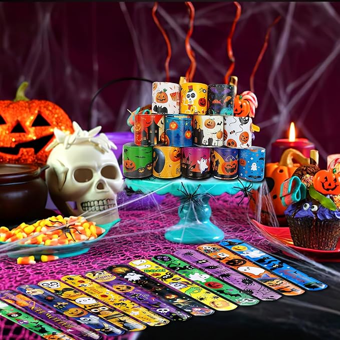 36pcs Halloween Slap Bracelets Assorted Bulk Pumpkin Snap Wristbands and 50Pcs Stickers Party Favors Gift Filler Supply