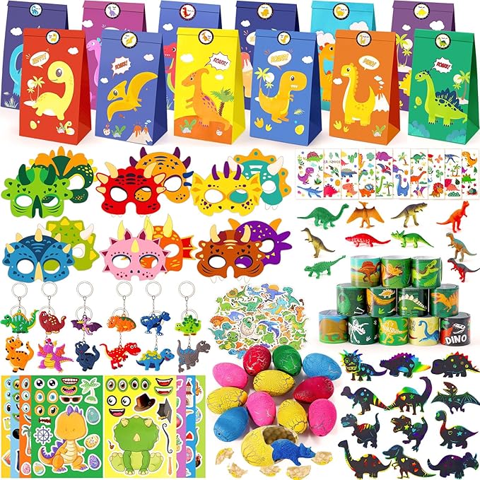166 Dinosaur Party Favors Dino Birthday Supplies Mask Egg Figure Scracth Bookmark Slap Bracelet Keychain Sticker Tattoo Toy Gift Kid Boy Girl Goodie Bag Stuffer Dinosaur Themed Party Supplies
