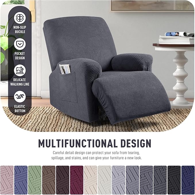 KinCam Recliner Covers, Stretch Reclining Chair Covers, Recliner Sofa Slipcovers Stripe Jacquard Recliner Couch Covers Furniture Protector Covers for Pet Kid (1 XL Seater, Charcoal Gray)