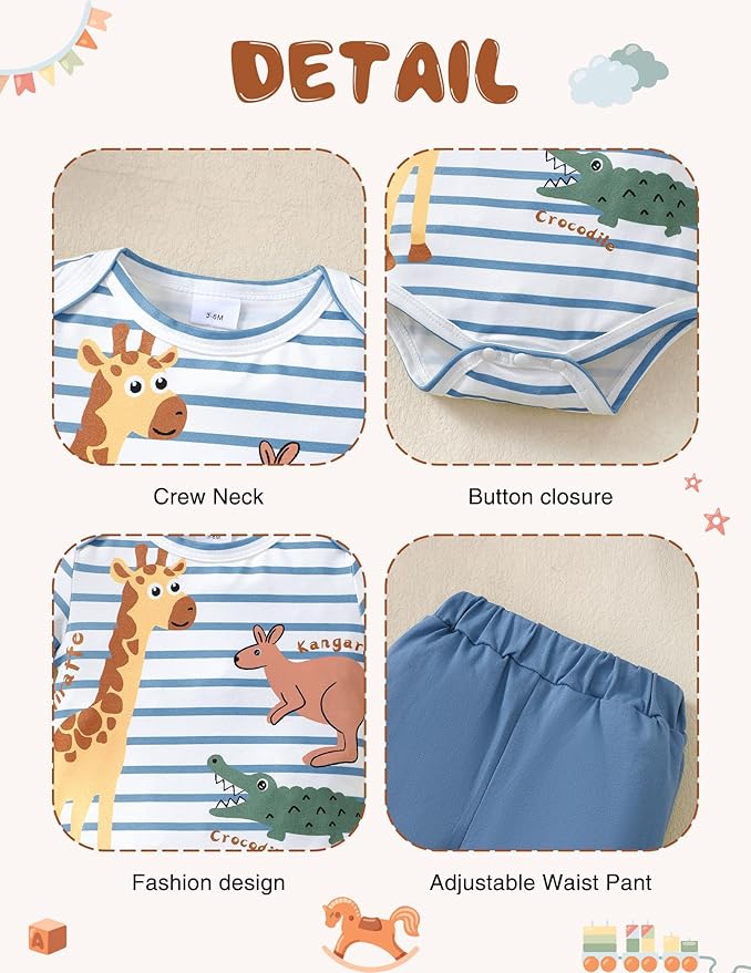 SUNNY PIGGY Baby Boy Clothes Newborn Infant Boys Outfits Romper Hat Pants 3PC Set 0-3 3-6 6-12 12-18 Month Clothing Gift