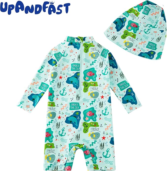 upandfast Baby/Toddler Swimsuit UPF 50+ Sun Protection One Piece Zipper Bathing Suit with Sun Hat Infant Beach Swimwear
