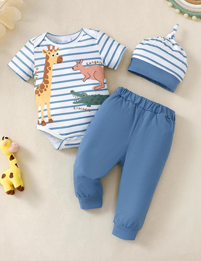SUNNY PIGGY Baby Boy Clothes Newborn Infant Boys Outfits Romper Hat Pants 3PC Set 0-3 3-6 6-12 12-18 Month Clothing Gift