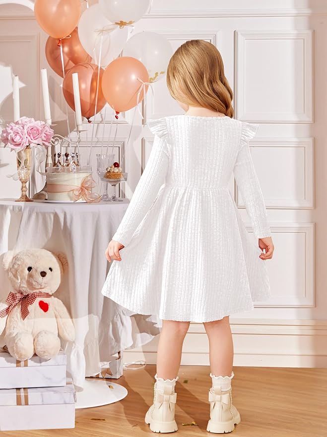 Arshiner Toddler Girl Dress Baby Girls Knitted Ruffle Sleeve Pocket Dresses A-Line Flared Fall Winter Clothes for 2-8 Years