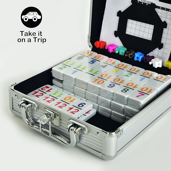 Doublefan Mexican Train Dominoes with Color Numbers,Double 12 Numerical Domino Game, Chicken Foot Dominoes Set with Aluminum Case, 91 Tiles Domino(2-10 Player