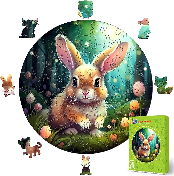 Wooden Jigsaw Puzzles for Kids Ages 4-6, 50 Piece Unique Shape Animal Theme Puzzle - Preschool Learning Educational Toys for Kids 3+, Valentines Day Birthday Easter Gifts for Kids Girls Boys (rabbits)