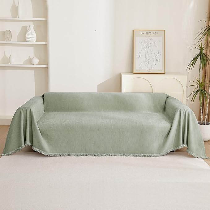MYSKY HOME Sectional Couch Cover Blanket Living Room Furniture Protector for Pets, Farmhouse Home Decor Sofa Covers Tassel Chenielle Sofa Slipcover Soft Throw Couch for Dogs,71" X 118", Sage Green
