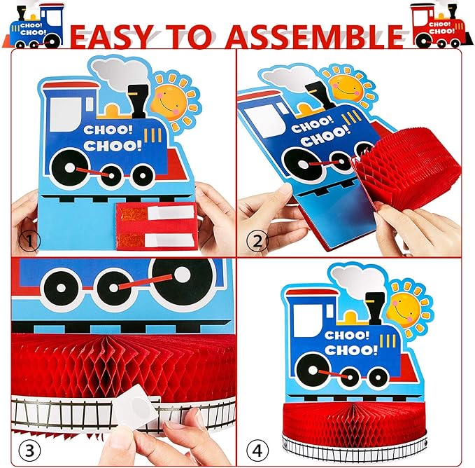 Train Birthday Party Decorations Set, Happy Birthday Banner Train Honeycomb Centerpiece, with 6 Pieces Hanging Swirl Decoration for Birthday Party Supplies Baby Shower