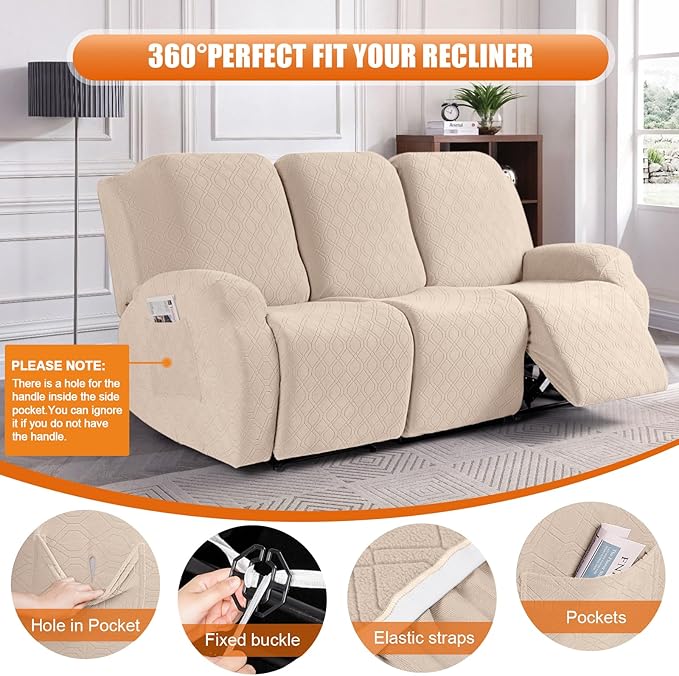 VANSOFY Recliner Cover, 3-Pieces Stretch Reclining Couch Covers with Pockets Reclining Sofa Slipcovers 3 Seater Soft Washable Furniture Protector for Dogs Cats(Cream)
