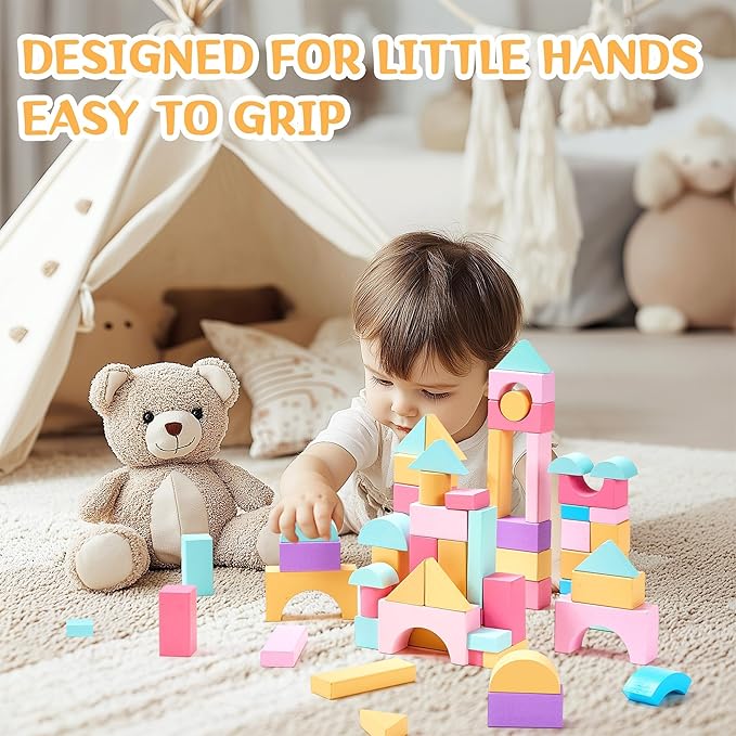 VigorFun 110 PCS Wooden Building Blocks Set - Construction Stacking Toy with Storage Bag, Montessori Preschool Toys for Toddlers Kids Birthday Gifts Ages 3+