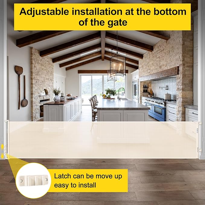 175 Inch Extra Wide Retractable Baby Gates for Large Openings, Extra Long Retractable Dog Gate for Doorways 33" Tall Mesh Pet Gate for Wide Openings Large Baby Gate for Indoor Outdoor (Beige)