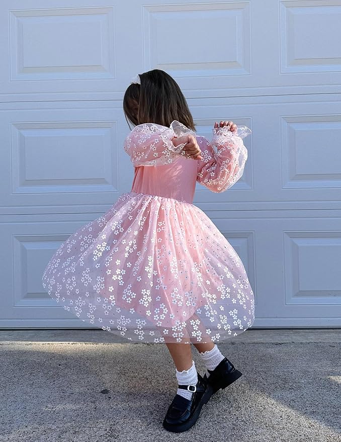 Arshiner Toddler Christmas Dress Girls Sequin Tulle Puff Long Sleeves Tutu Dress Princess Birthday Party Clothes 1-6T