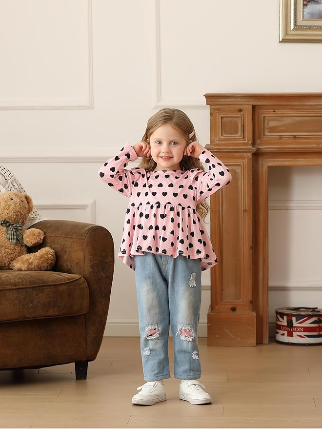 Mioglrie Toddler Baby Girl Clothes 2T 3T 4T 12 18 24 Months Toddler Fall Winter Girls Outfit Jeans Pants Clothing Set