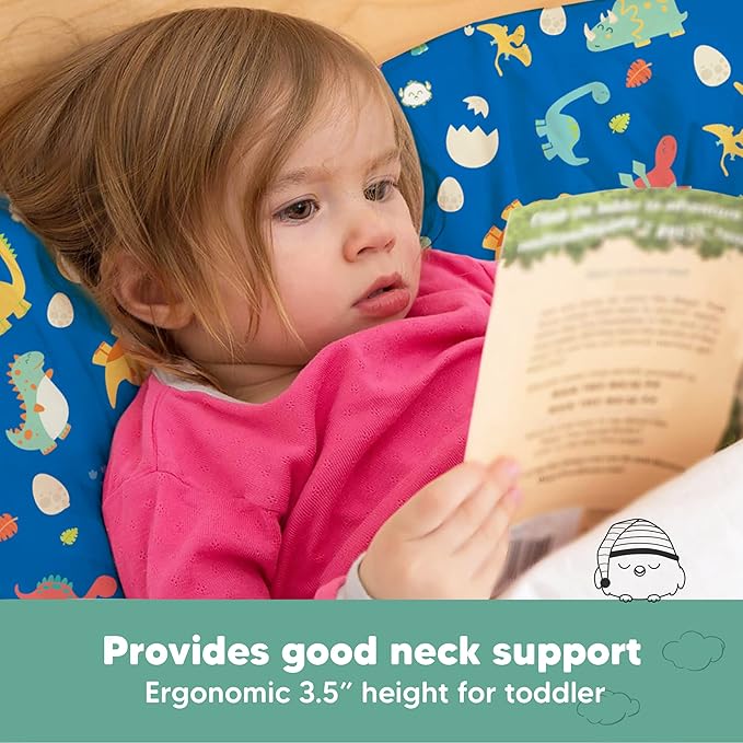 Toddler Pillow with Pillowcase - 13x18 My Little Dreamy Pillow, Organic Cotton Toddler Pillows for Sleeping, Kids Pillow, Travel Pillows, Mini Pillow, Nursery Pillow, Toddler Bed Pillow (DinoWorld)