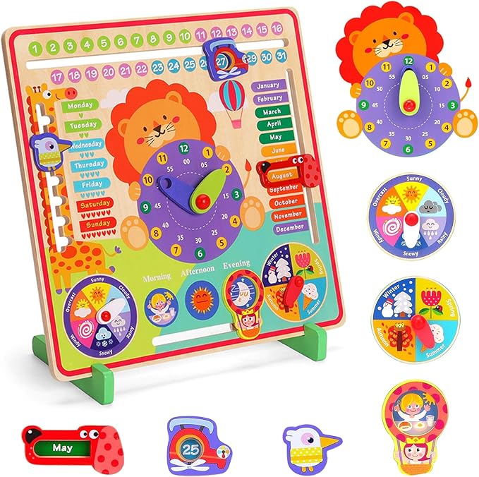 Montessori Toys for 4 Year Old,Wooden Calendar and Teaching Clock for Kids Learning Clock for Telling Time, Date, Days of The Months, Seasons and Weather-Educational Toys for Boys and Girls(7 in 1)