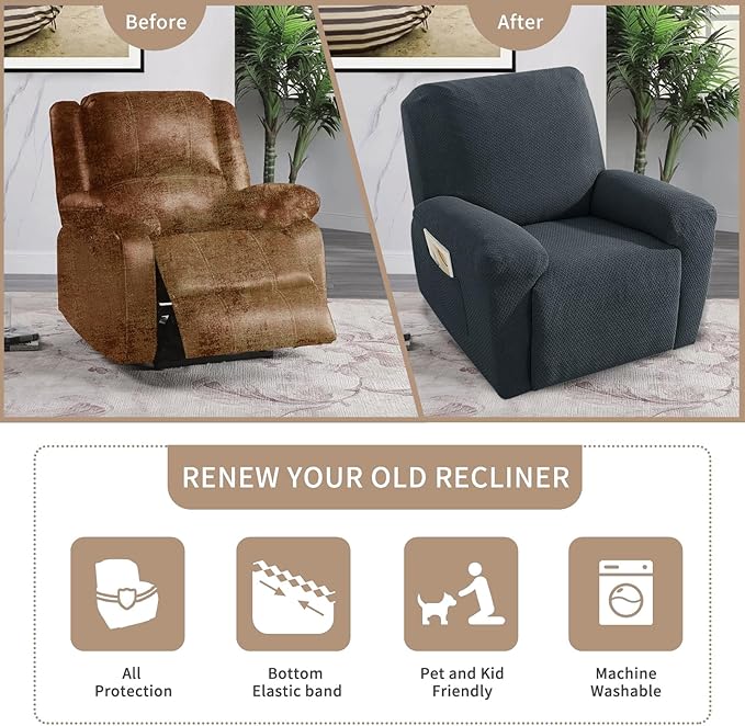 JIVINER Stretch Recliner Chair Covers with Pocket 4 Piece Chair Covers for Reclining Chair Furniture Protector Soft Recliner Cover with Elastic Bottom (Recliner, Dark Gray)