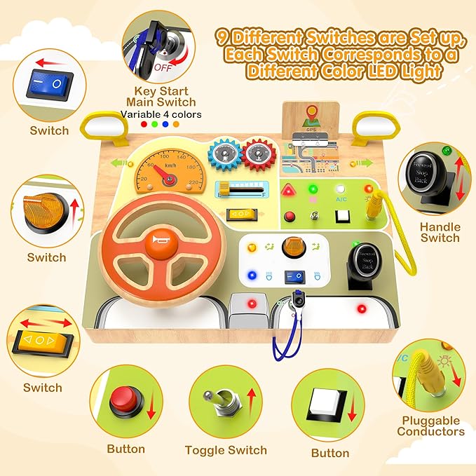 Montessori Toddler Toys - Baby Wooden Busy Board - Sensory Toys with Light Switch - Travel Toys for Educational Toddler Activities for Toddlers 1 2 3 4+ Year Old