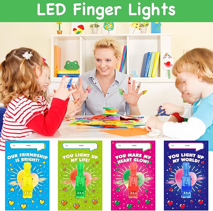 28 Pack Valentines Cards for Kids with LED Finger Lights, Valentines Day Gifts for Kids, Light Up Toys Bulk Valentines Day Cards for Kids Classroom School Exchange Prize Party Favors Set