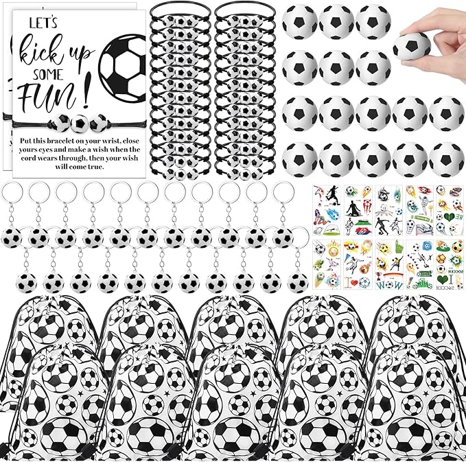 144 Pcs Soccer Party Favors Soccer Drawstring Bags with Adjustable Bracelets Stress Balls Soccer Keychains Stickers and Wish Cards for Birthday Gifts Kids Soccer Themed Party Supplies